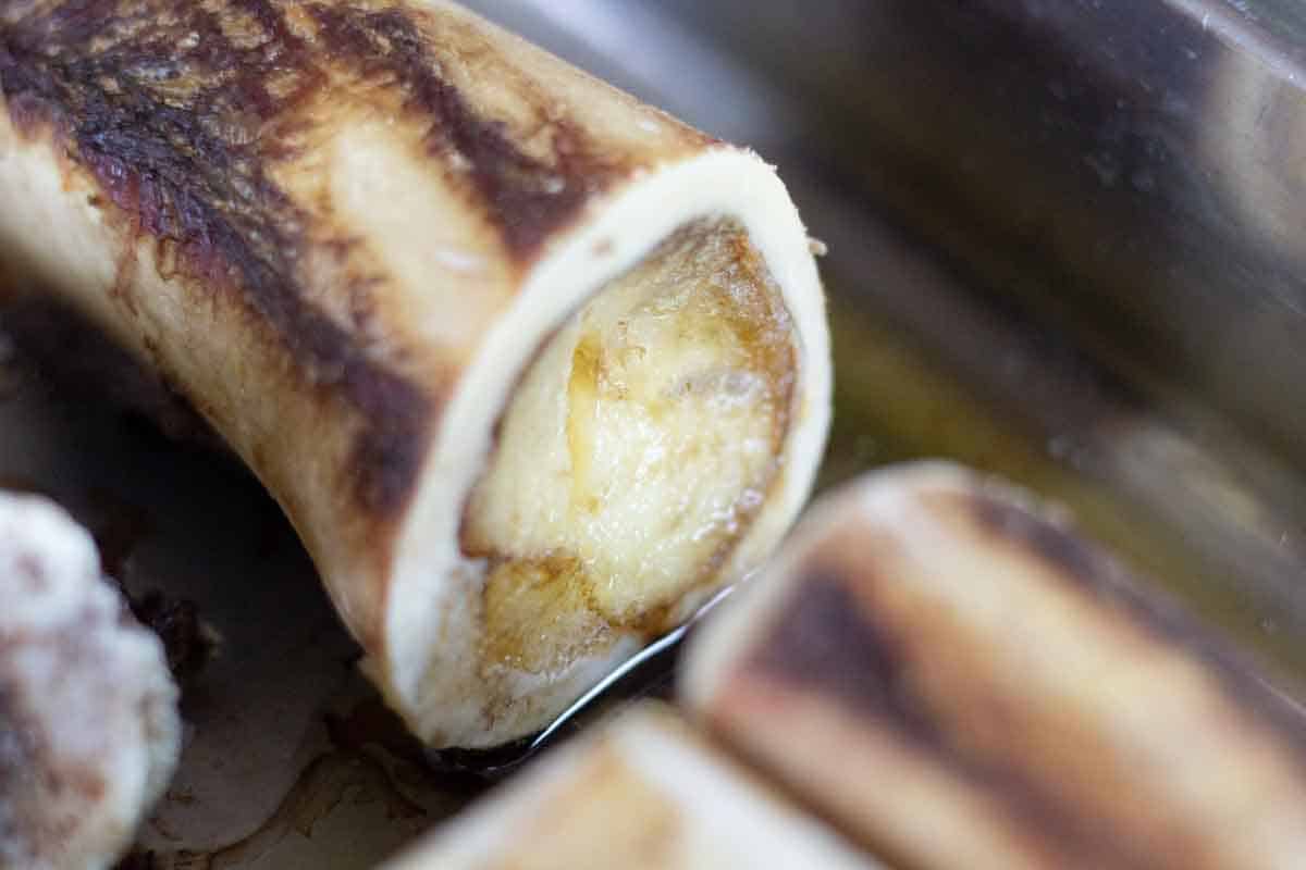 roasted beef marrow bones on a baking sheet