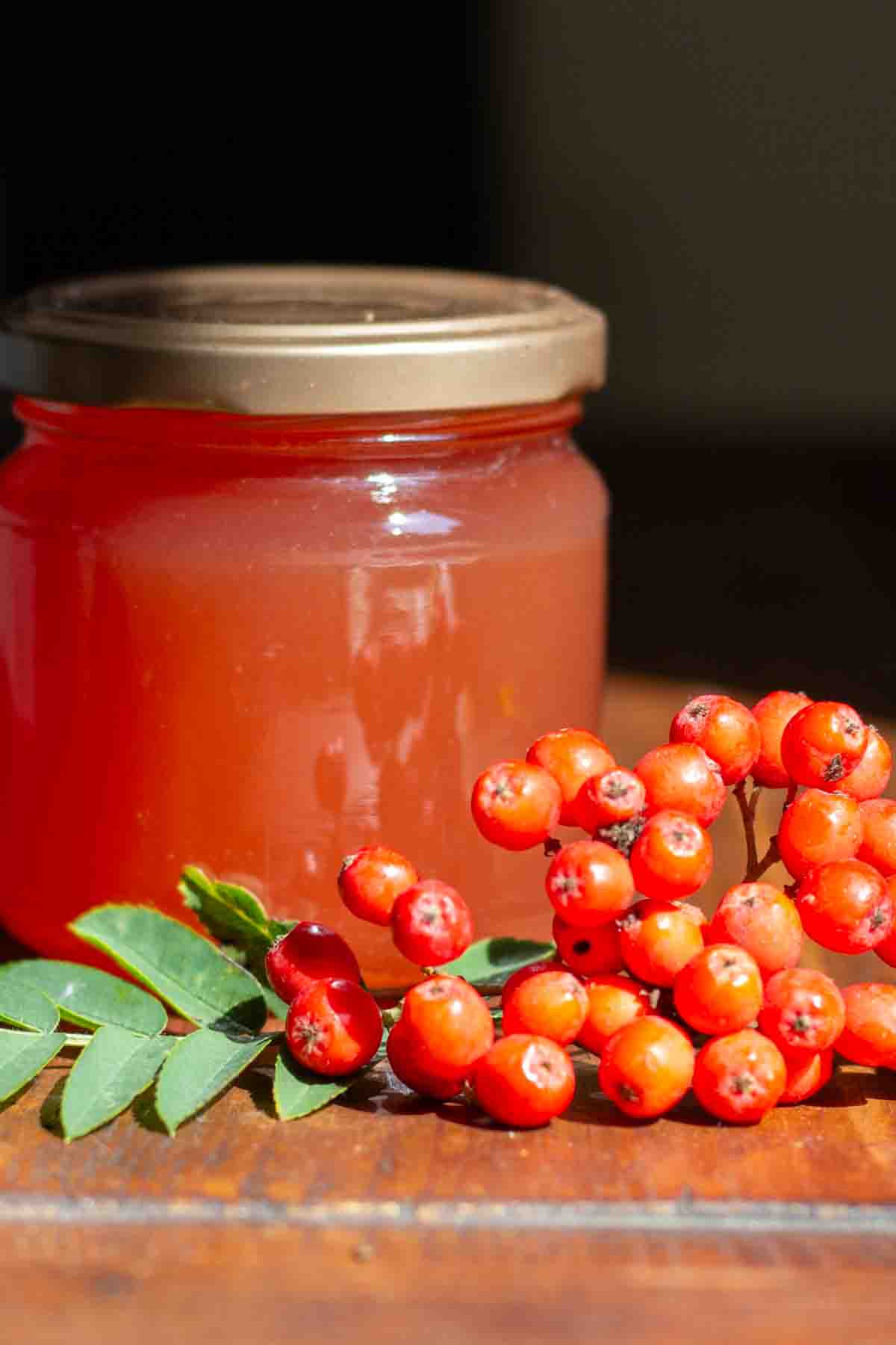 a small jar of rowanberry jelly beside fresh rowan berries and rowan tree leaves on a wooden table